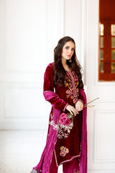 Magenta Velvet outfit (3 Piece Shirt , Pants& Dupatta)