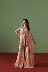 Rose Pink Organza Jacket with Jamawar Sharara