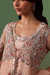 Rose Pink Organza Jacket with Jamawar Sharara