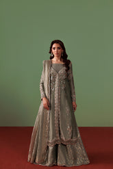 Greyish Blue Pure Tissue Gown Shirt with Jamawar Lehnga