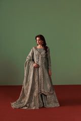 Greyish Blue Pure Tissue Gown Shirt with Jamawar Lehnga