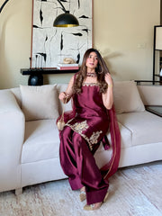Manal Silk – Maroon Velvet Three-Piece Suit | Muntaha By Shanzay Fahad