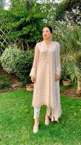 Peach Chikankari Shirt with Dupatta and Trousers