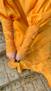 Marigold Silk Shirt with Embroidered Peter Pan Collar