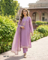 Teeja Dhariwal NP 12 Purple Organza Net Three-Piece Suit with Machine Gota Work