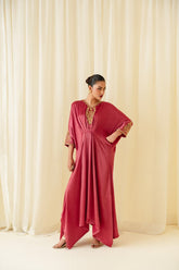 Luxury Pink Silk Handworked Kaftan – Embellished Neckline & Sleeves