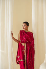 Luxury Red Sheesha Silk Outfit with Handworked Shirt, Shalwar & Organza Dupatta