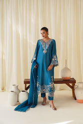 Elegant Blue Sheesha Silk Embroidered Kaftan with Straight Pants & Organza Dupatta