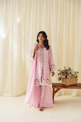 Elegant Pink Sheesha Silk Embroidered Outfit with Tassel Detailing, Culottes & Organza Dupatta
