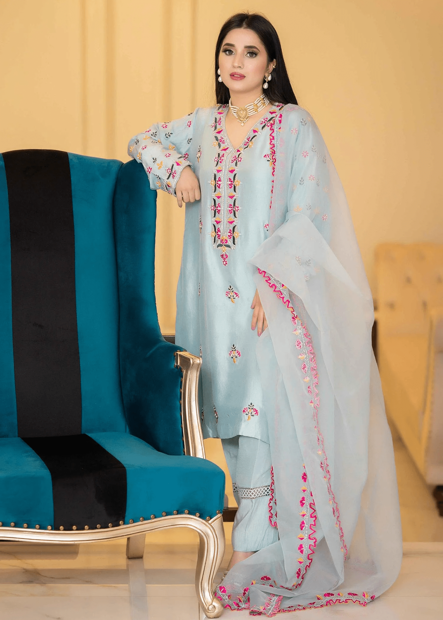 Baby blue raw silk outfit 3pcs