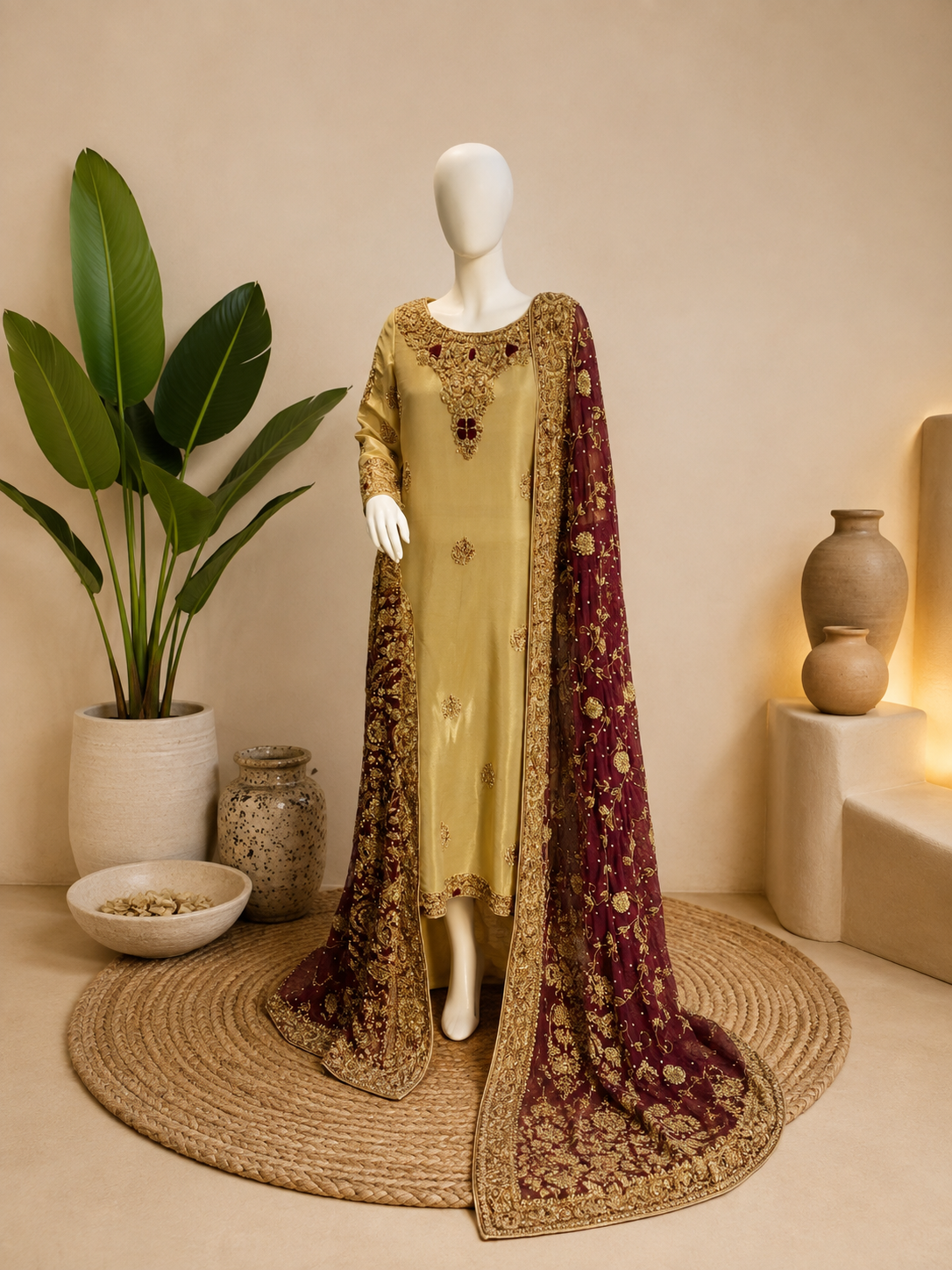 LAMA Tissue Gold & Maroon Embellished Shirt | Sleeks by Ali Zain