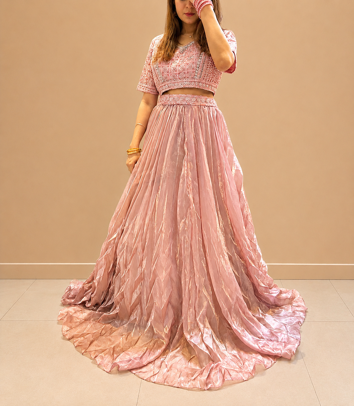 Kiran Raj Blush Crinkle Tissue Lehenga Choli