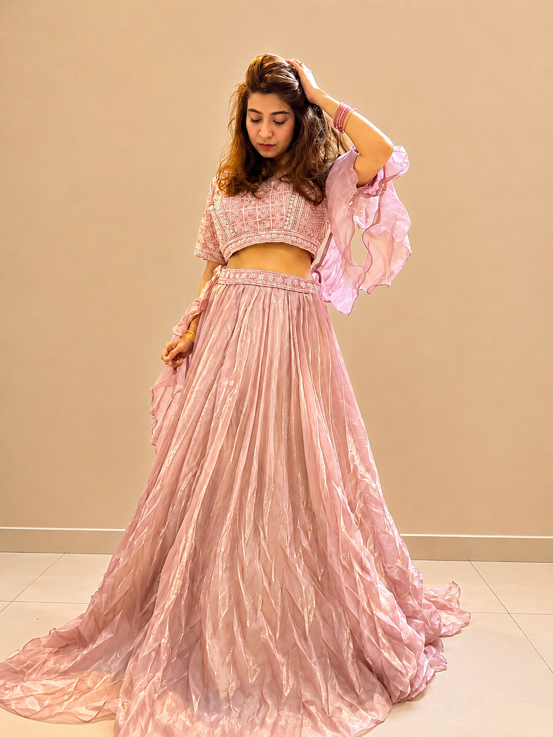 Kiran Raj Blush Crinkle Tissue Lehenga Choli