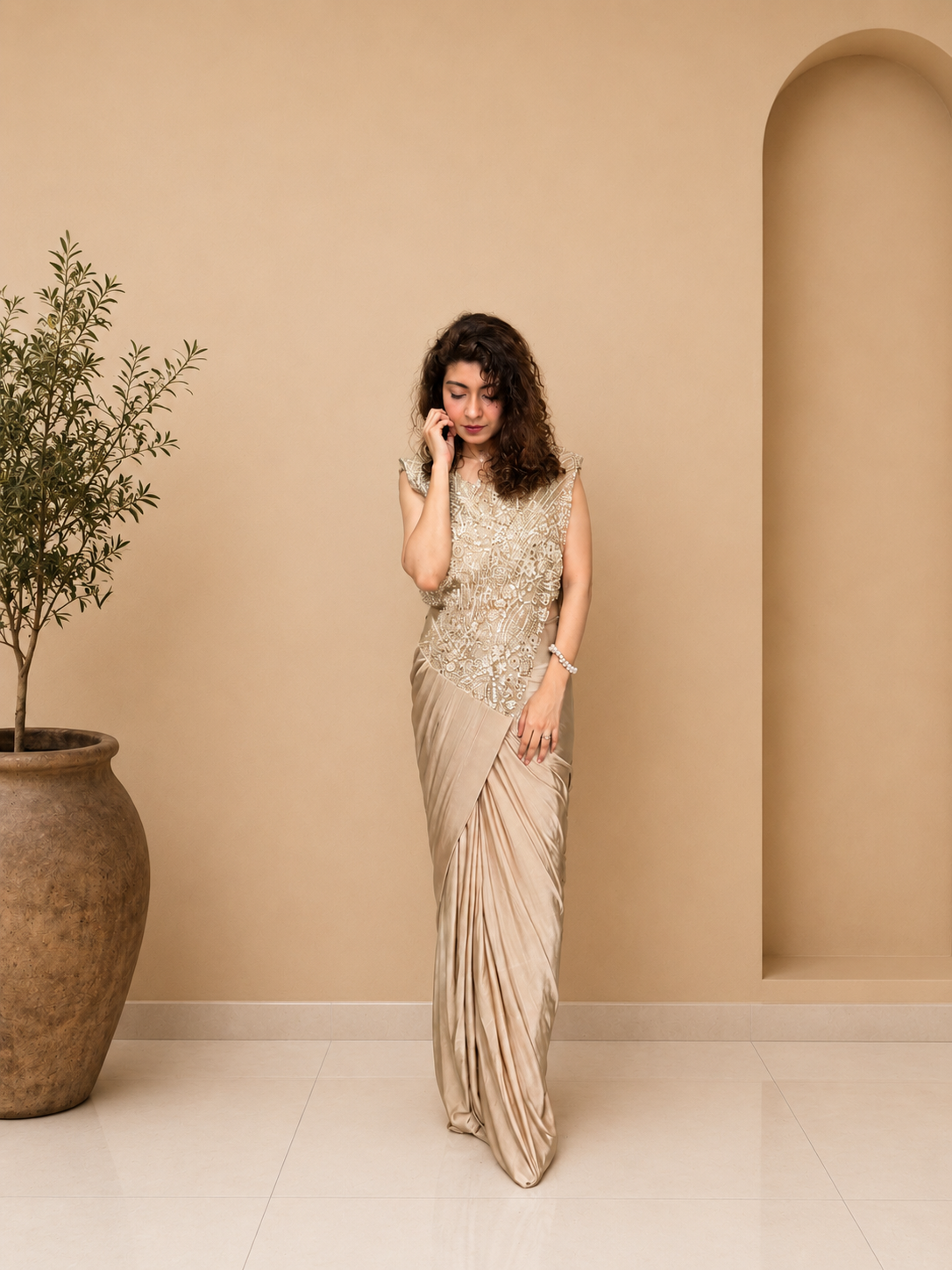 Kiran Raj Ivory Gold Drape Saree