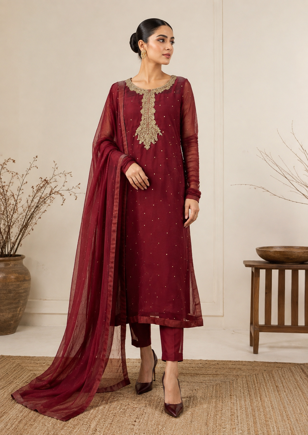 Red Mukesh Organza 3-Piece Suit with Organza Dupatta | Sleeks by Ali Zain