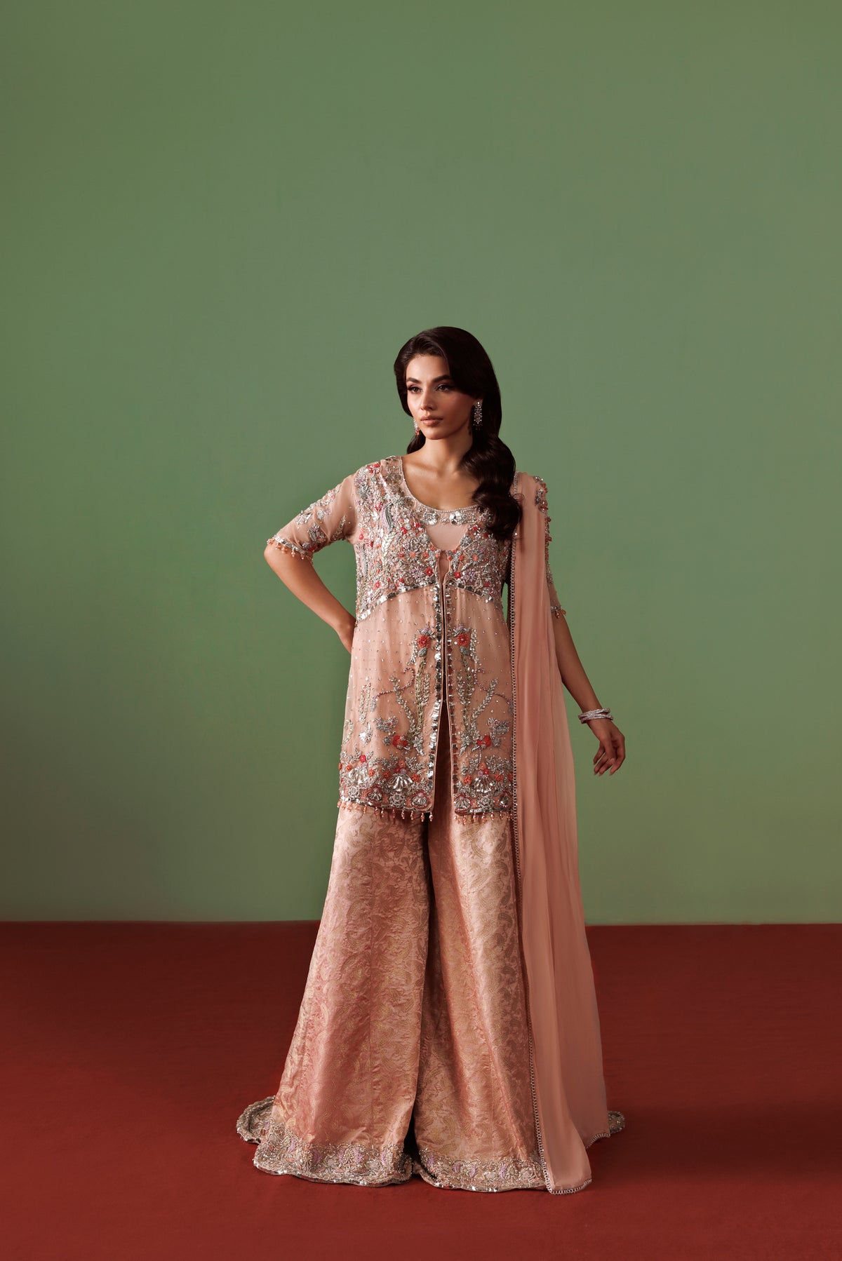 Rose Pink Organza Jacket with Jamawar Sharara