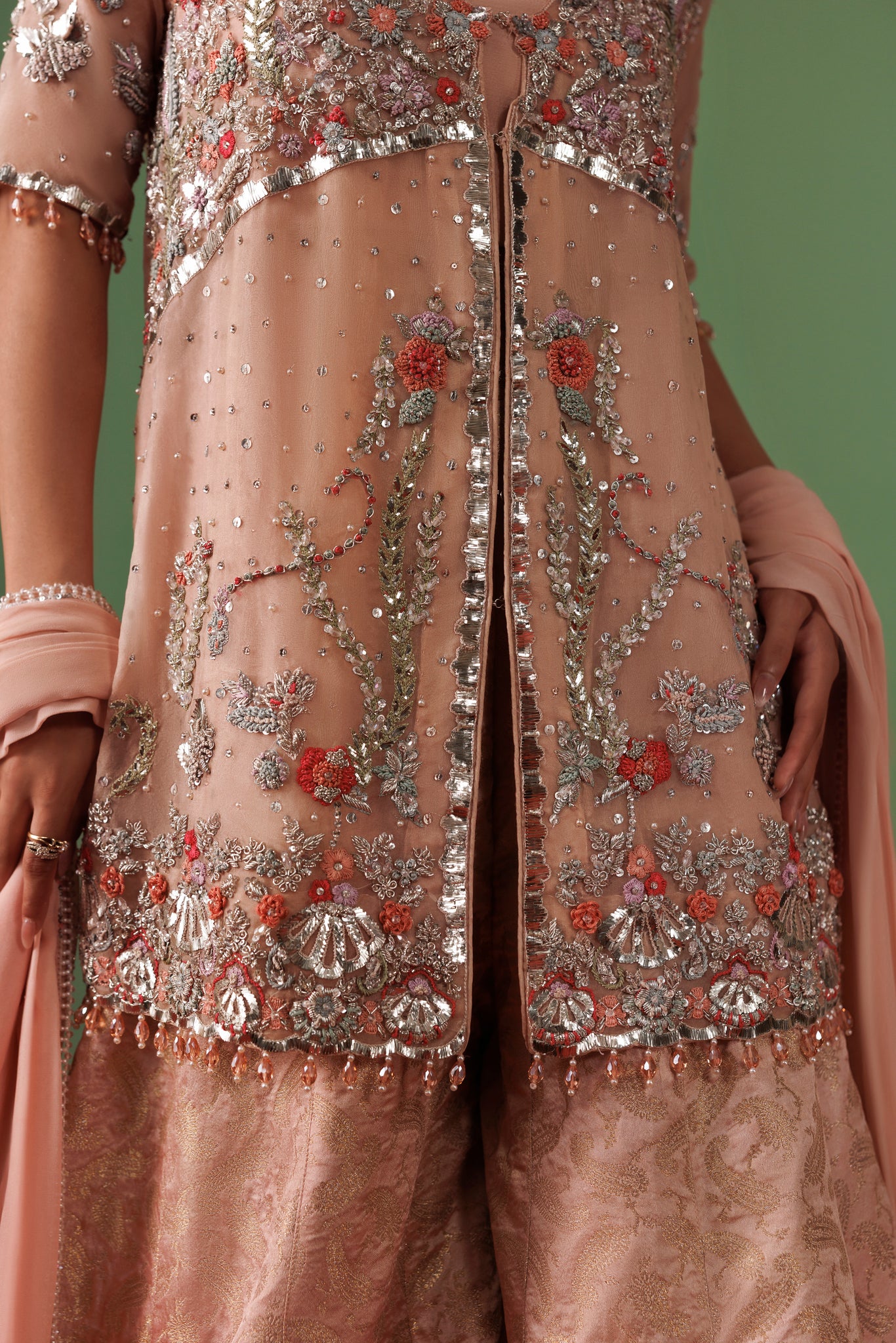 Rose Pink Organza Jacket with Jamawar Sharara