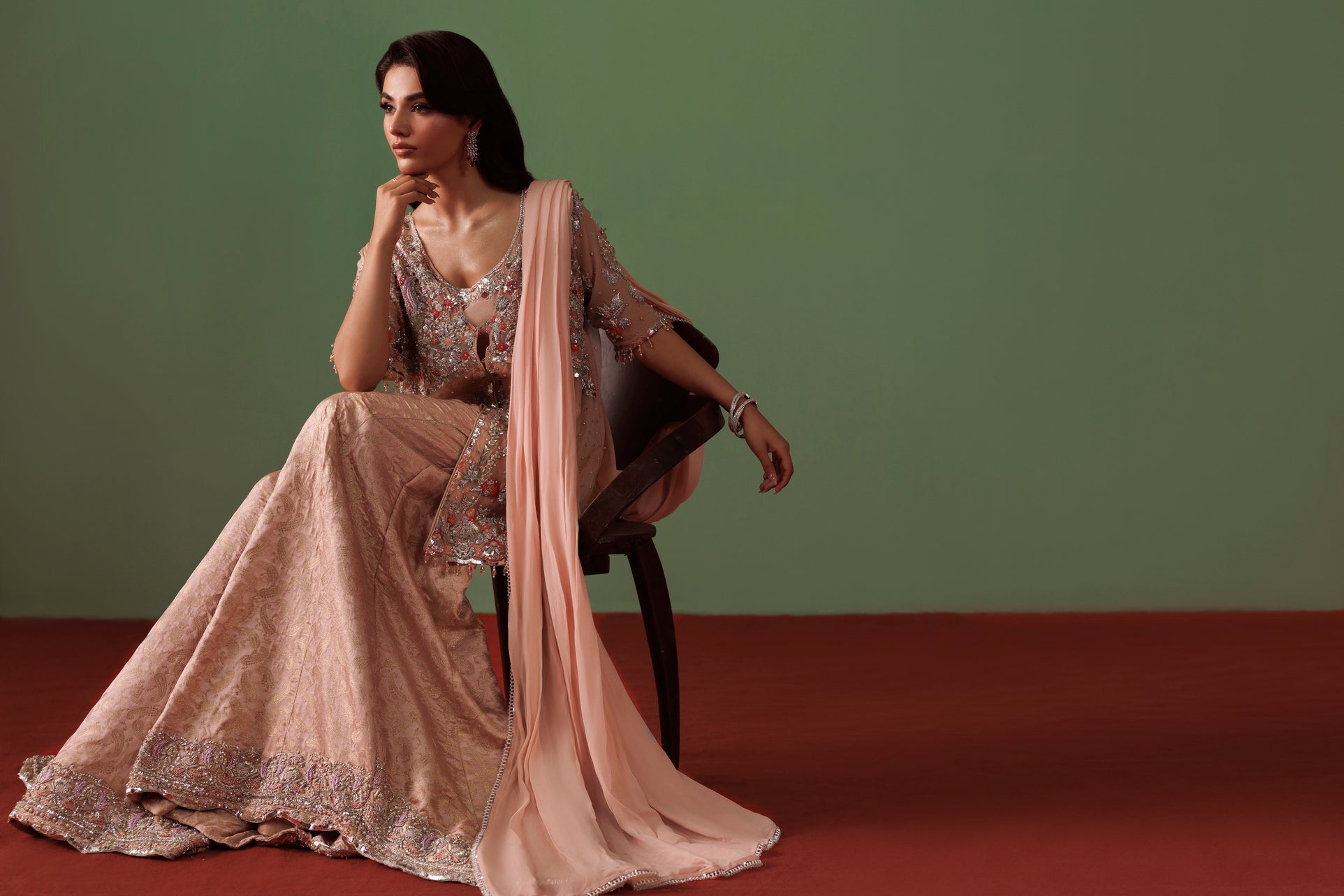 Rose Pink Organza Jacket with Jamawar Sharara