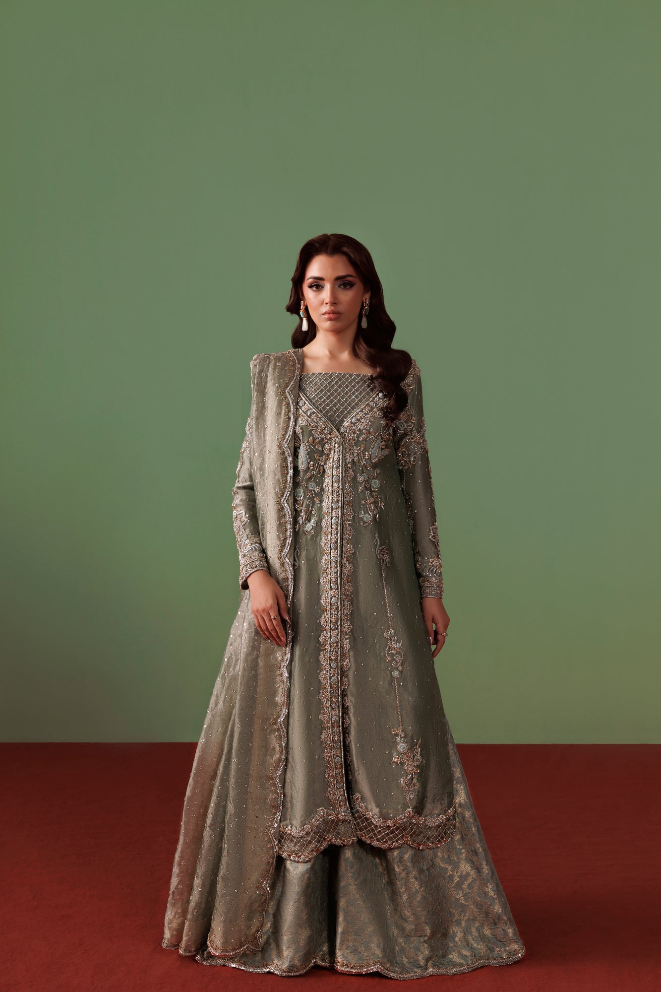 Greyish Blue Pure Tissue Gown Shirt with Jamawar Lehnga
