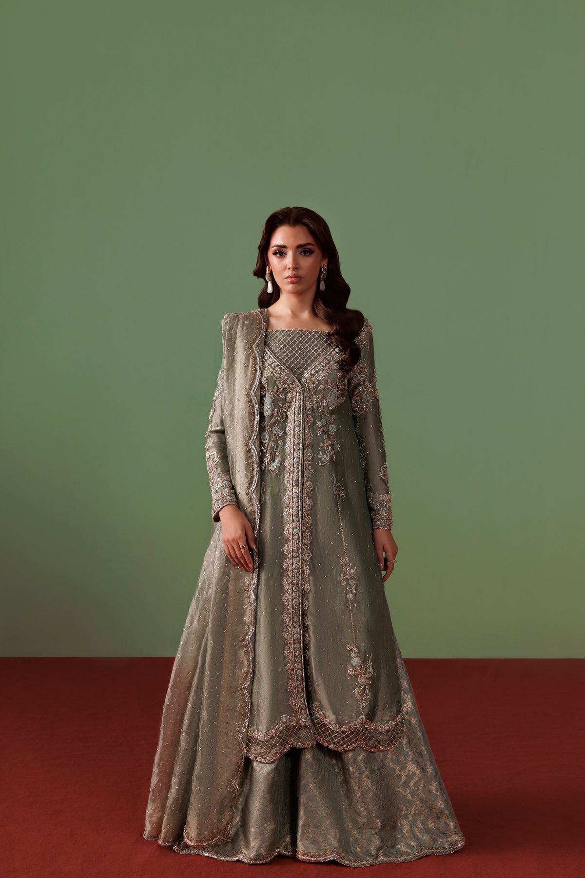 Greyish Blue Pure Tissue Gown Shirt with Jamawar Lehnga