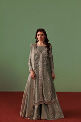 Greyish Blue Pure Tissue Gown Shirt with Jamawar Lehnga