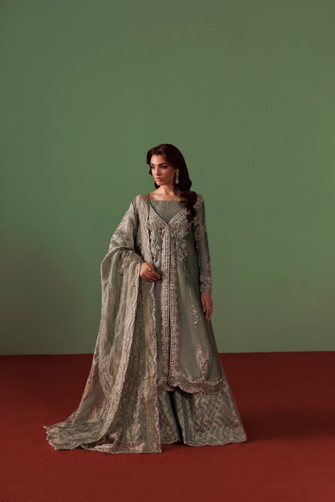 Greyish Blue Pure Tissue Gown Shirt with Jamawar Lehnga