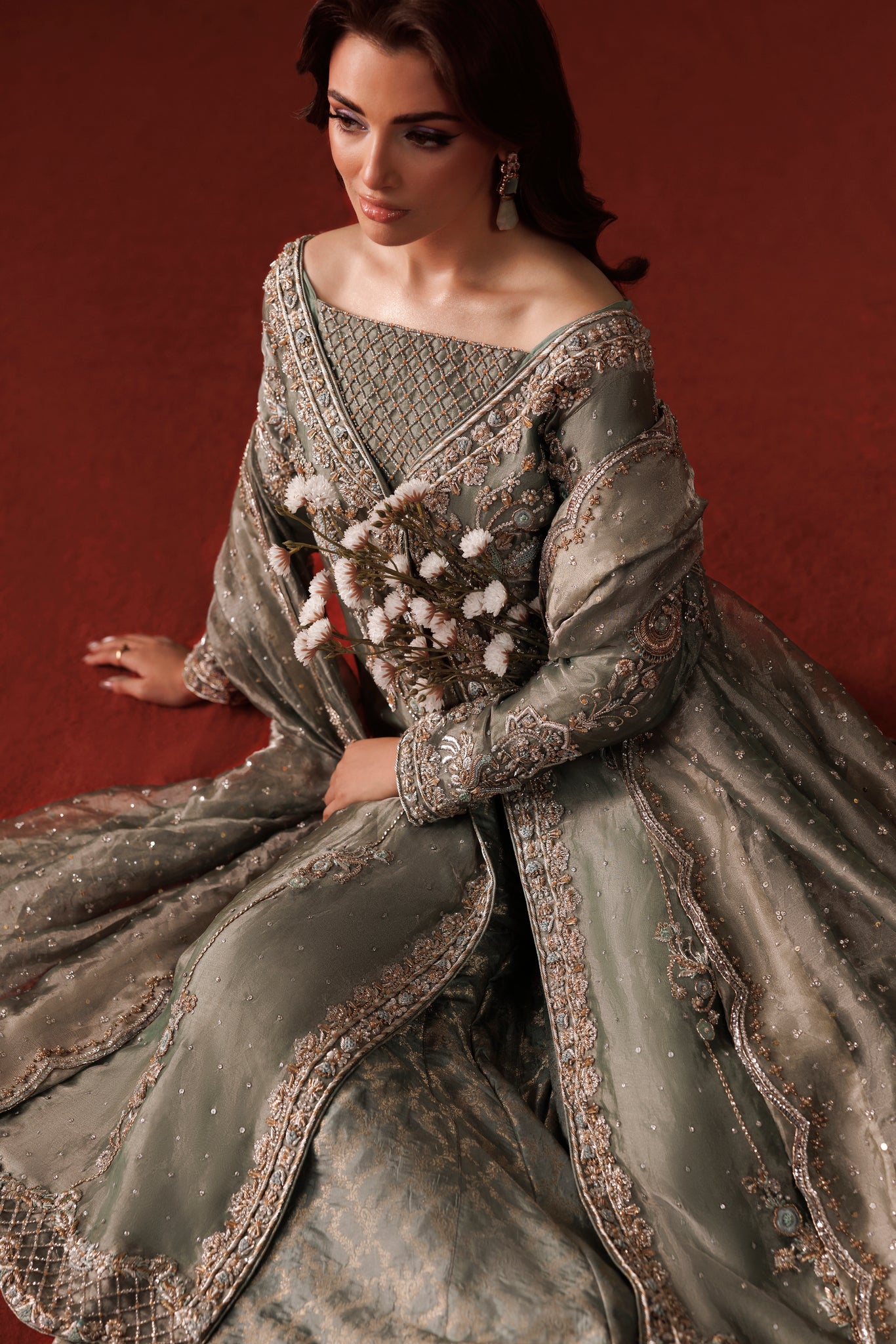 Greyish Blue Pure Tissue Gown Shirt with Jamawar Lehnga
