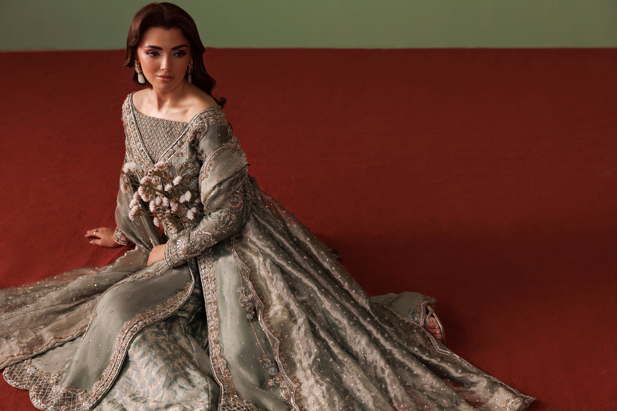 Greyish Blue Pure Tissue Gown Shirt with Jamawar Lehnga