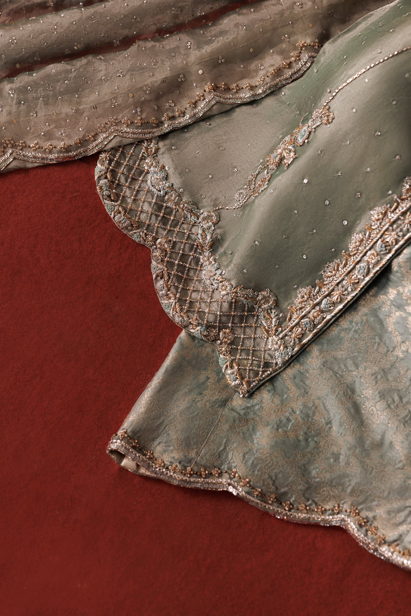 Greyish Blue Pure Tissue Gown Shirt with Jamawar Lehnga