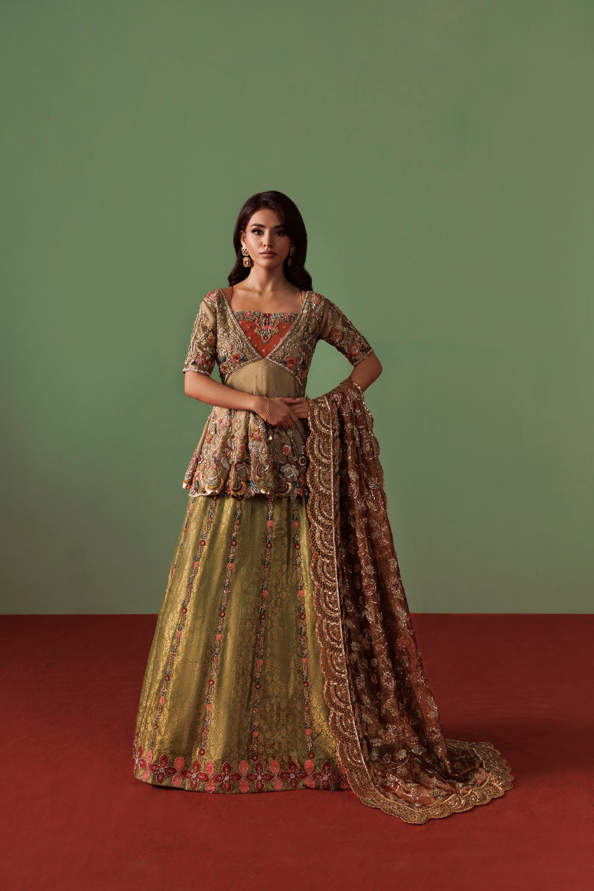 Olive Green Pure Tissue Ensemble with Kataan Jamawar Lehnga