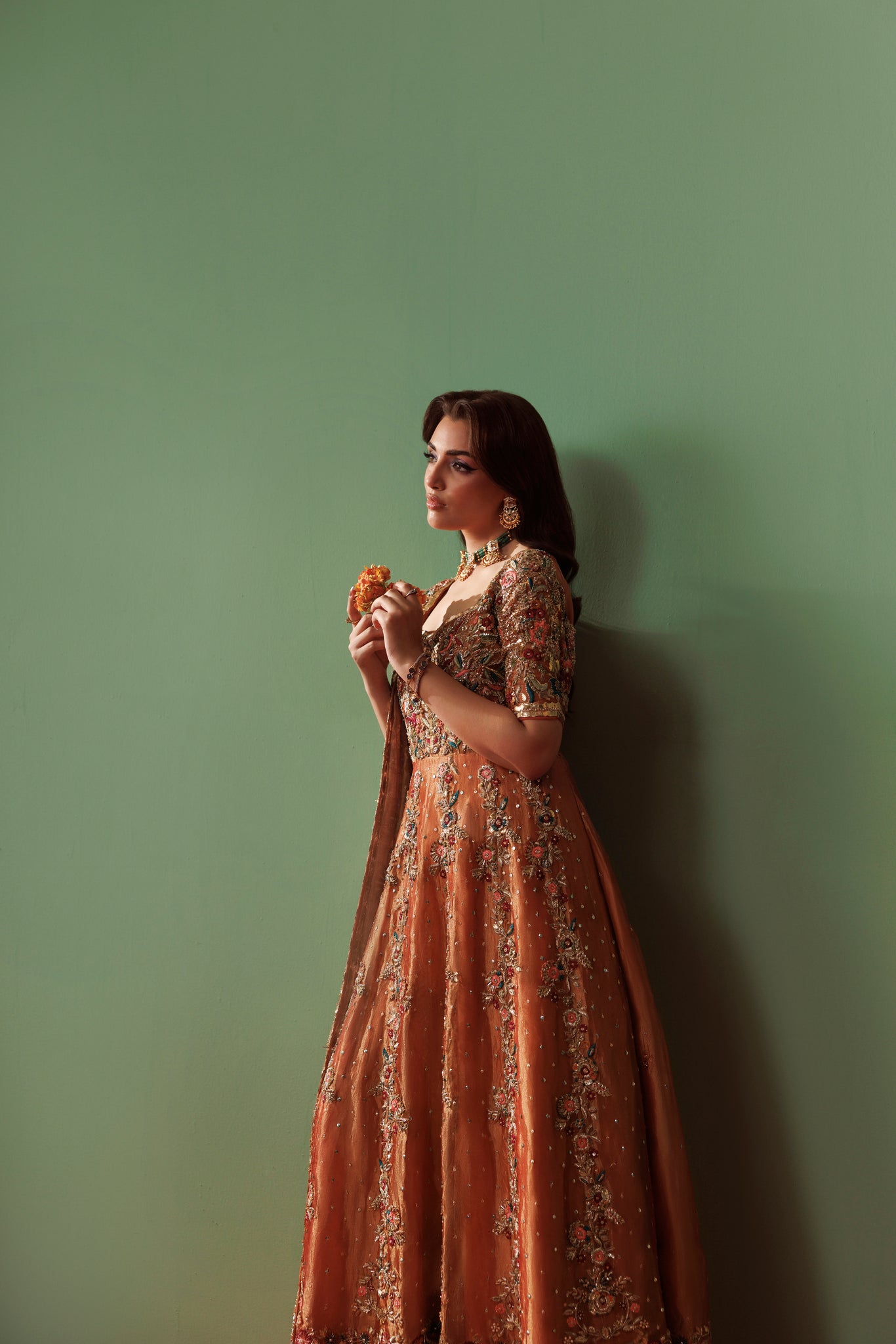 Burnt Orange Tissue Pashwas with Jamawar Atlas Sharara