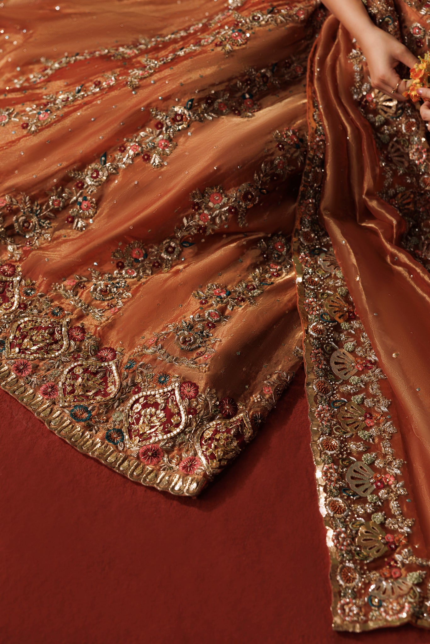 Burnt Orange Tissue Pashwas with Jamawar Atlas Sharara