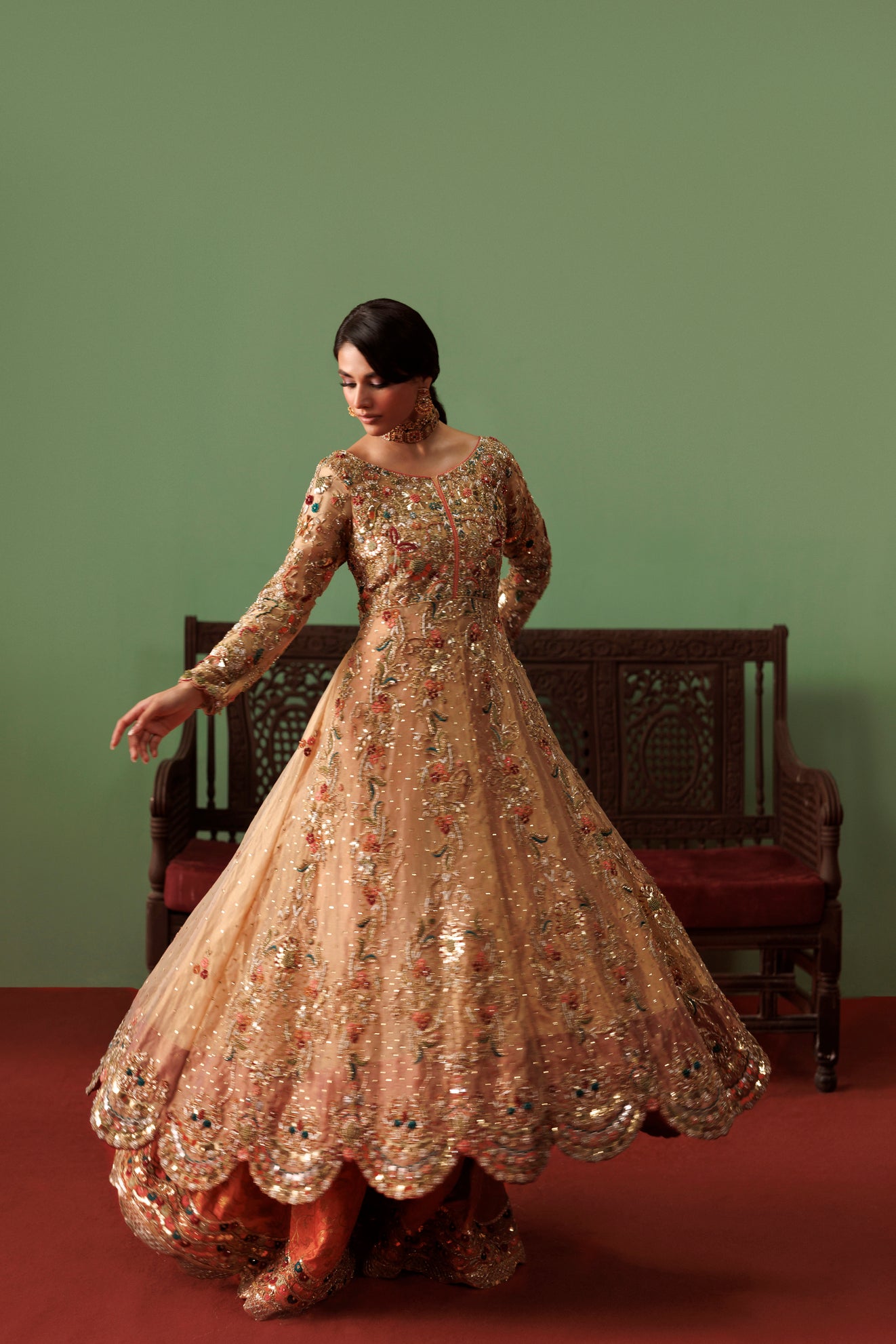 Gold Pure Tissue Bridal Peshwas