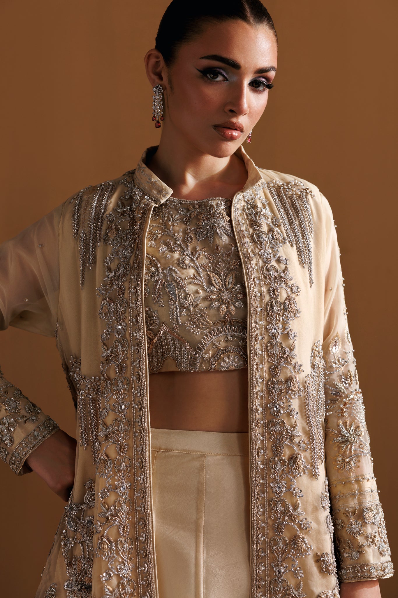 Beige Organza Gown with Sheesha Silk Lehenga