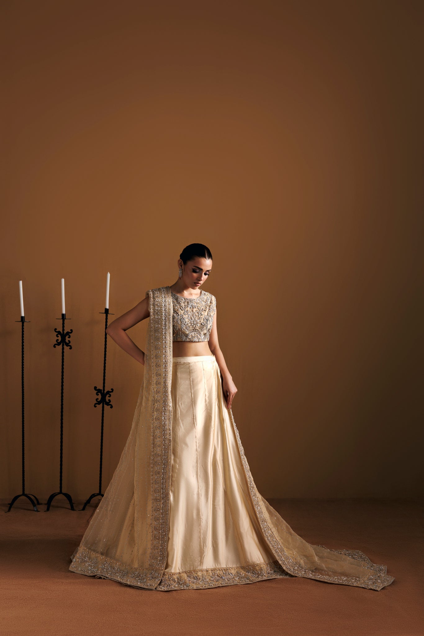 Beige Organza Gown with Sheesha Silk Lehenga