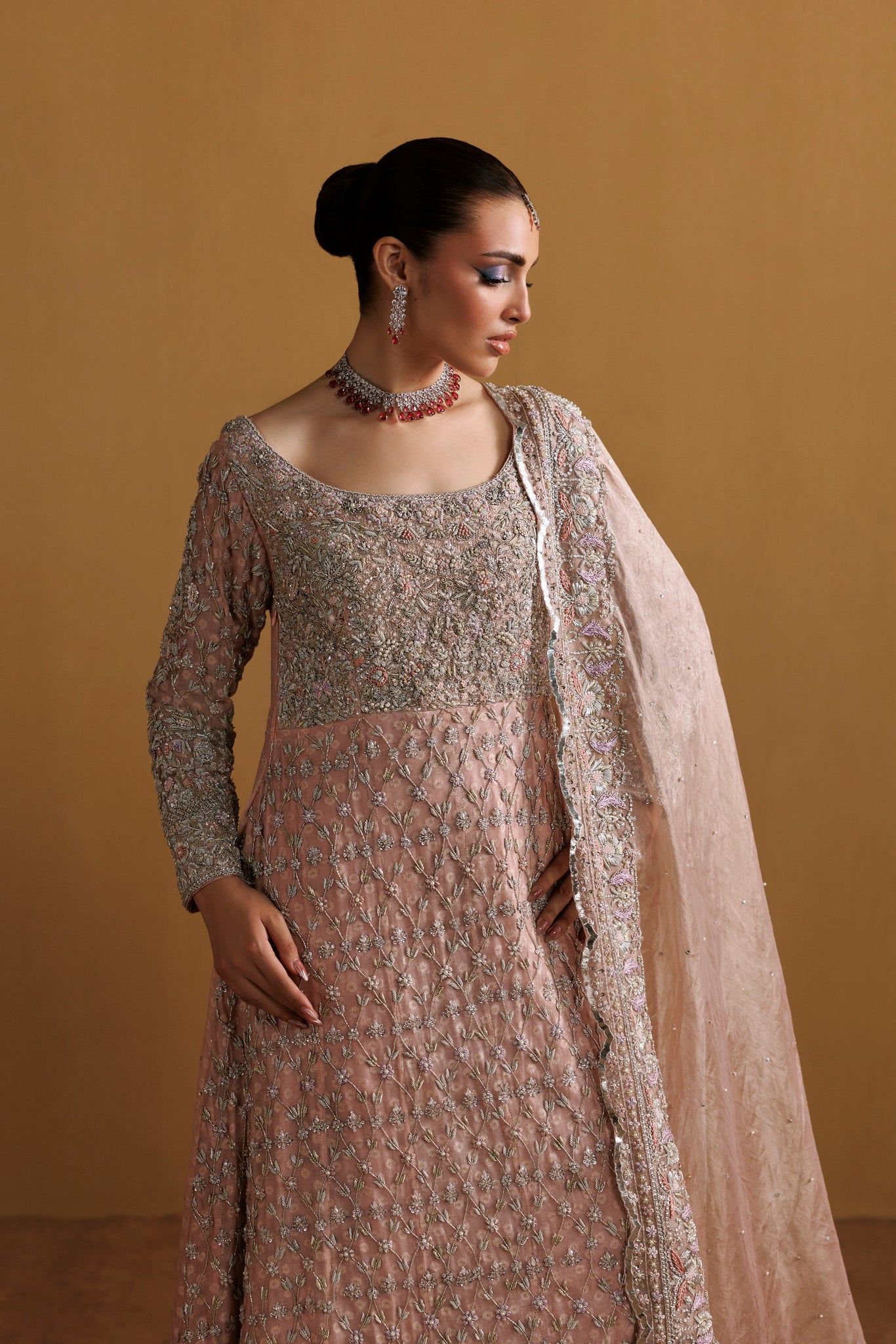 Pink khadi silk bridal Luxury Handworked Bridal Ensemble