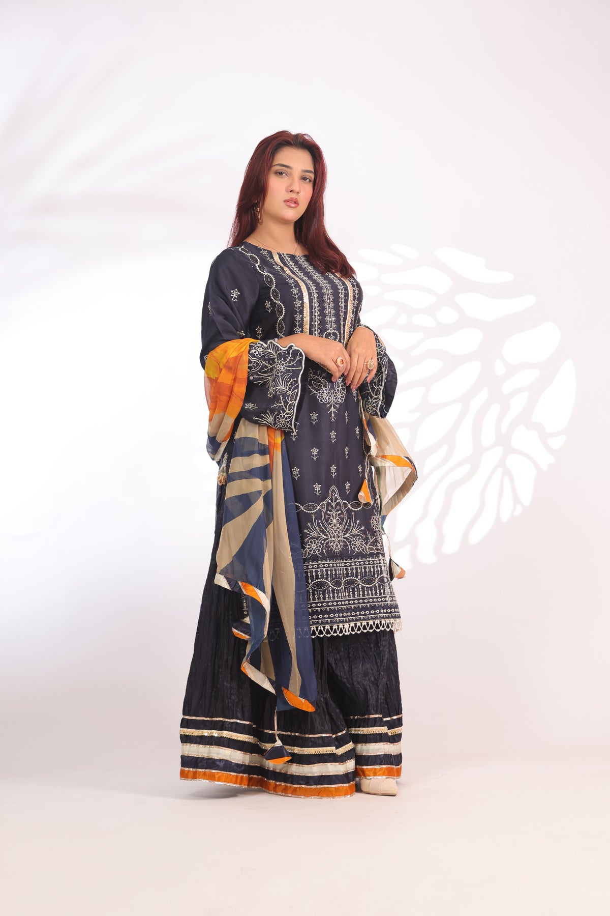 Navy Blue & Orange Yellow Silk