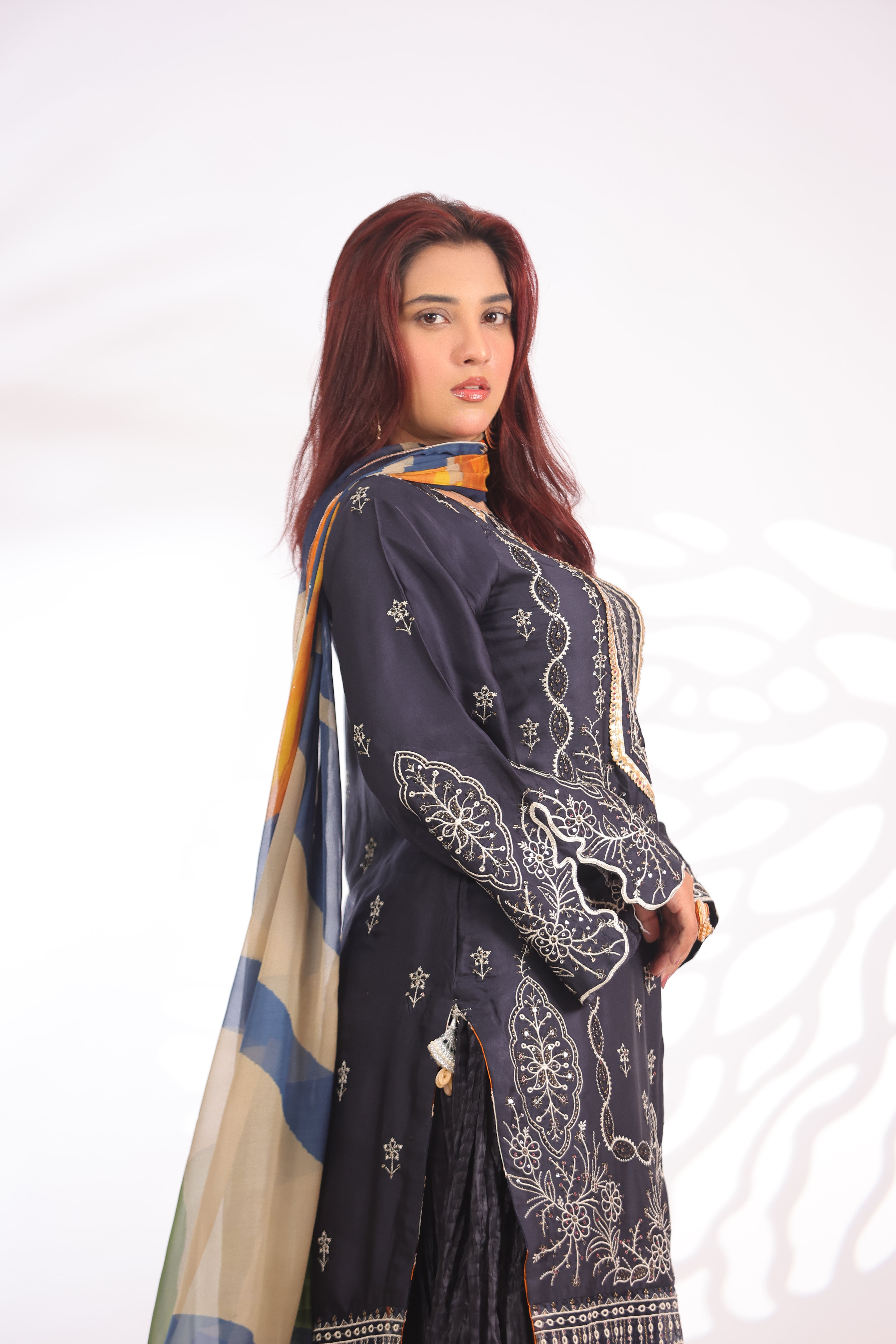 Navy Blue & Orange Yellow Silk