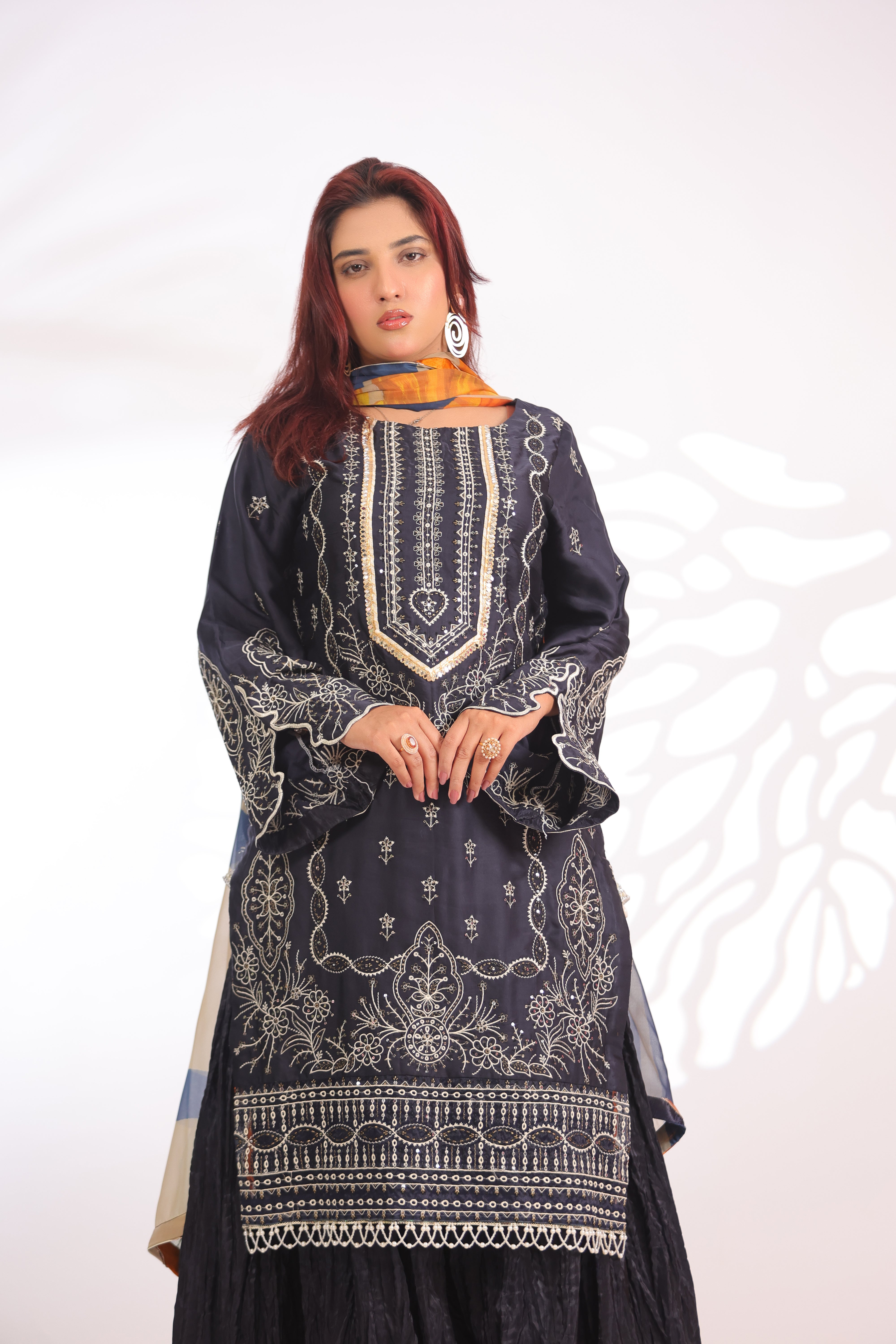 Navy Blue & Orange Yellow Silk