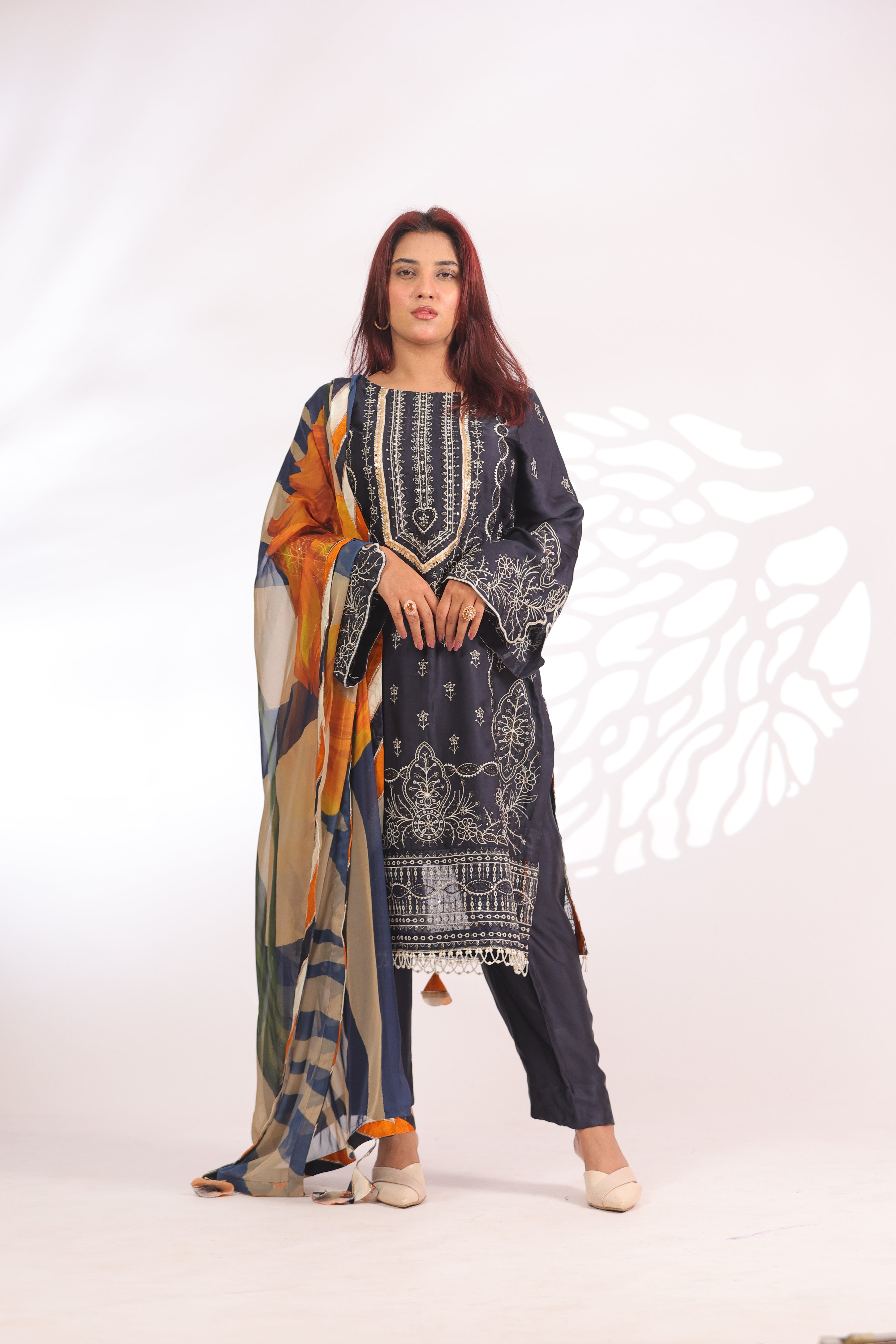 Navy Blue & Orange Yellow Silk