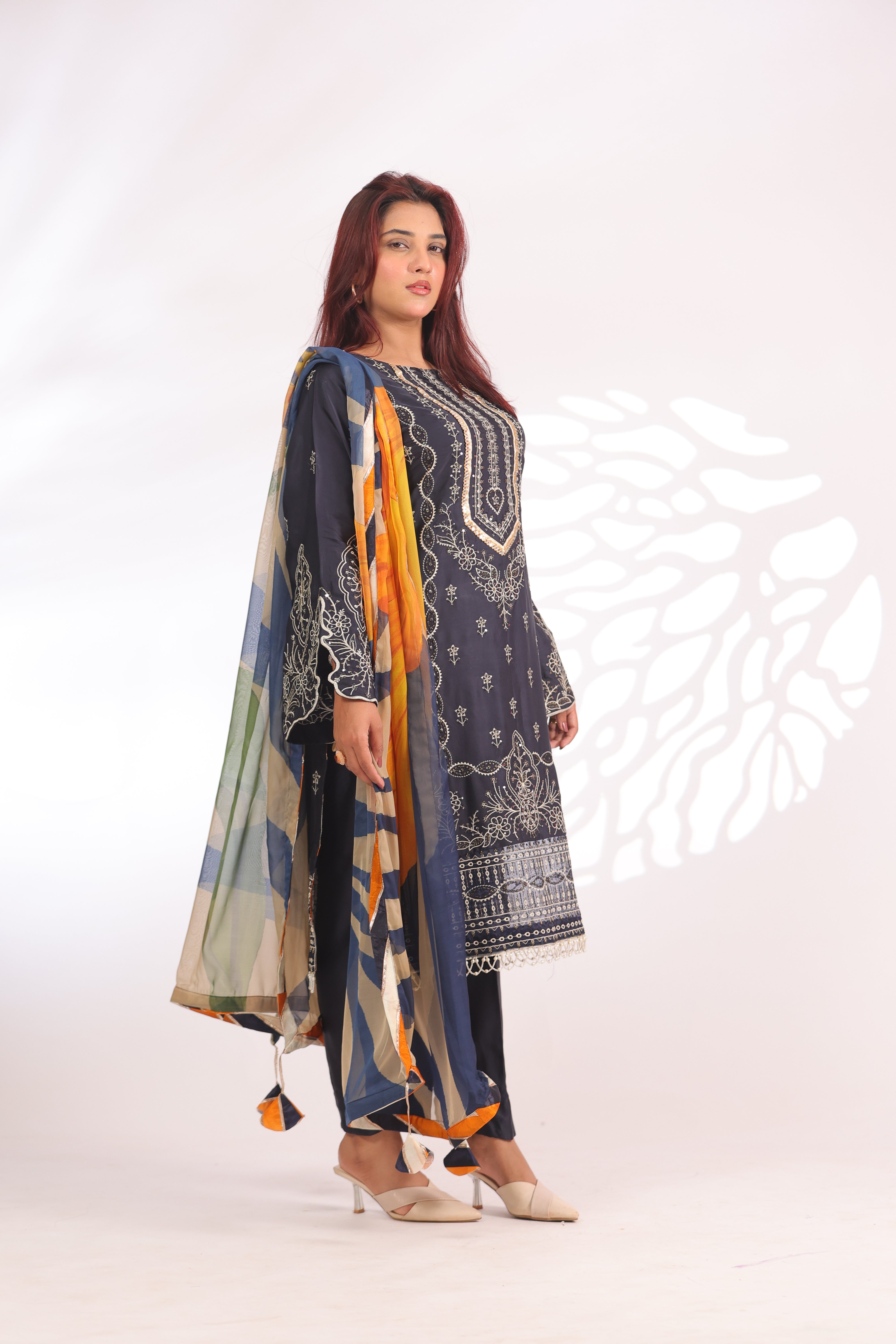 Navy Blue & Orange Yellow Silk