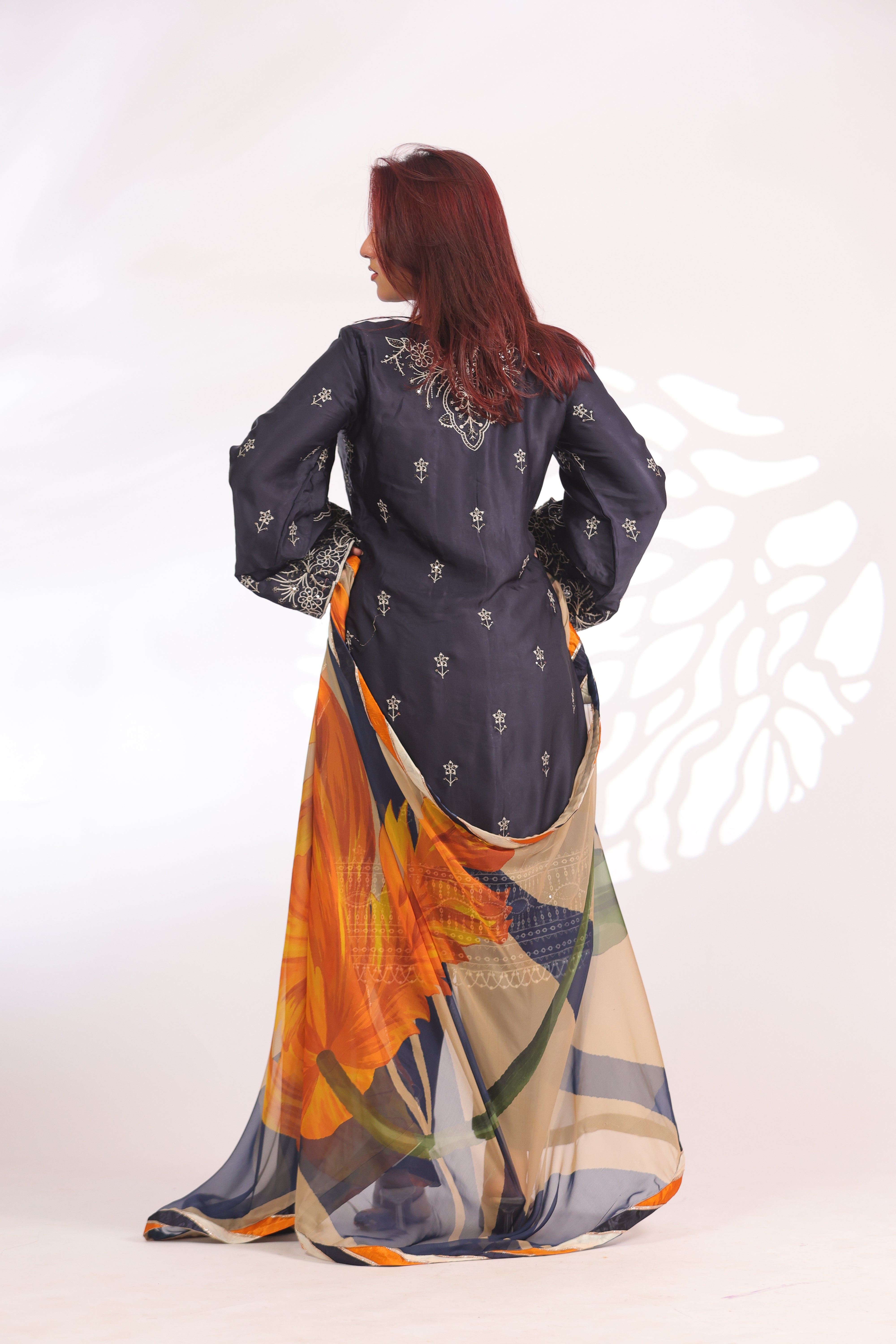 Navy Blue & Orange Yellow Silk