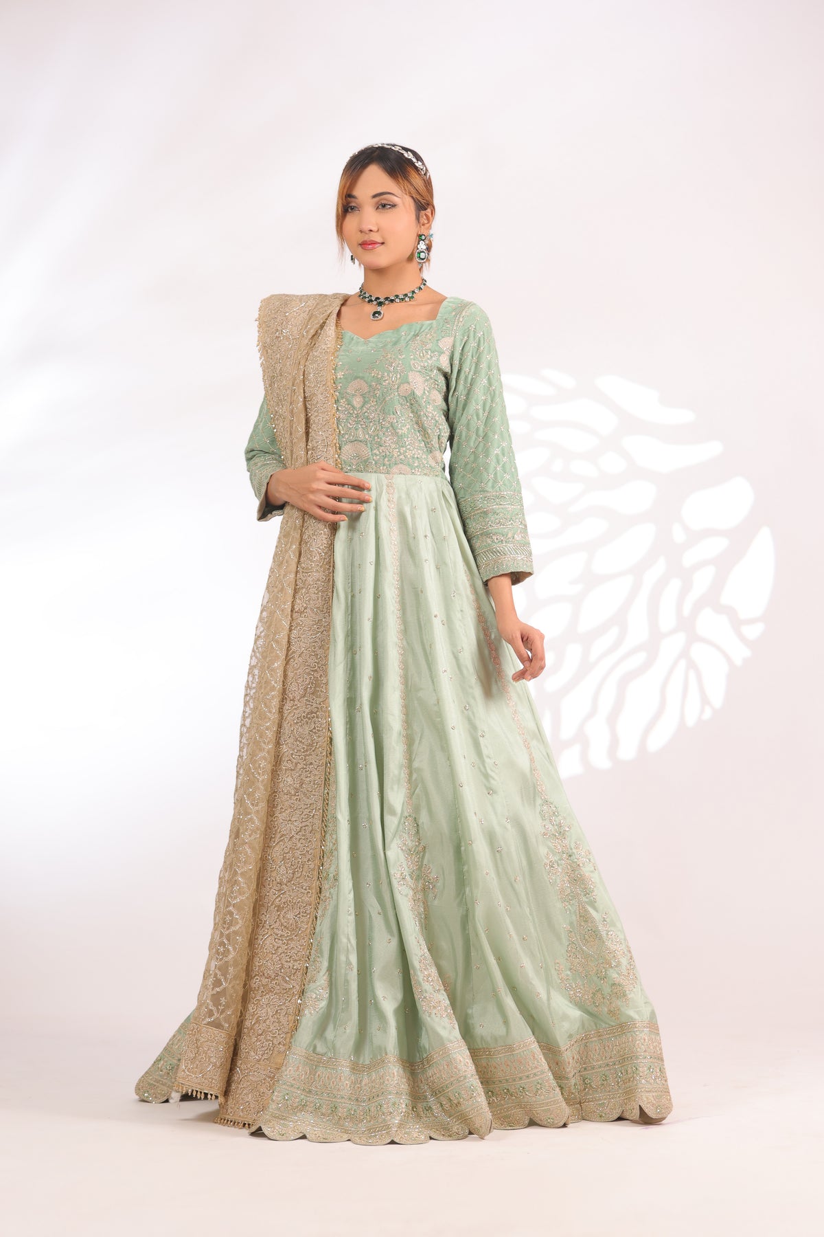 Sea Green & Beige-Pannel Style Maxi