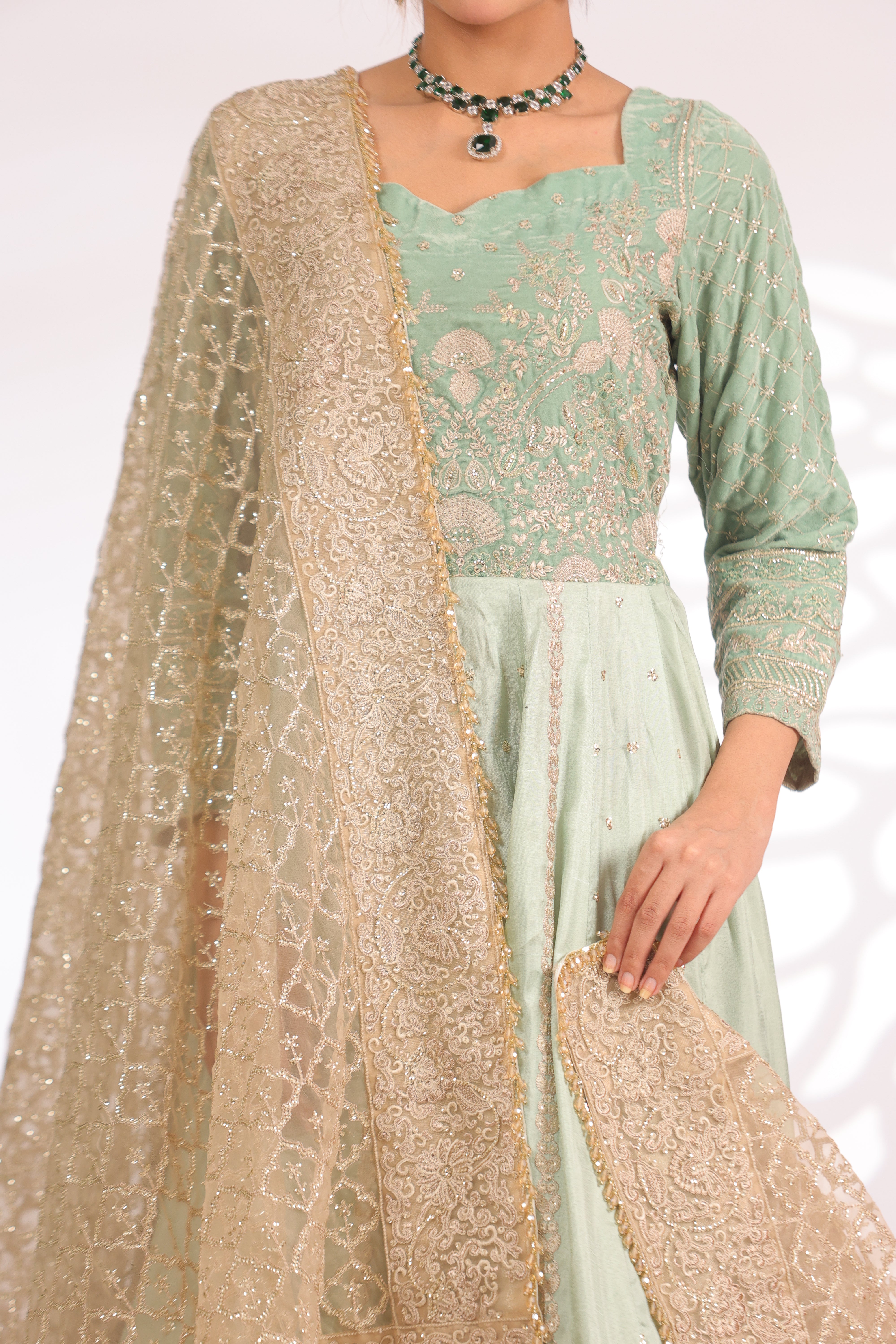 Sea Green & Beige-Pannel Style Maxi