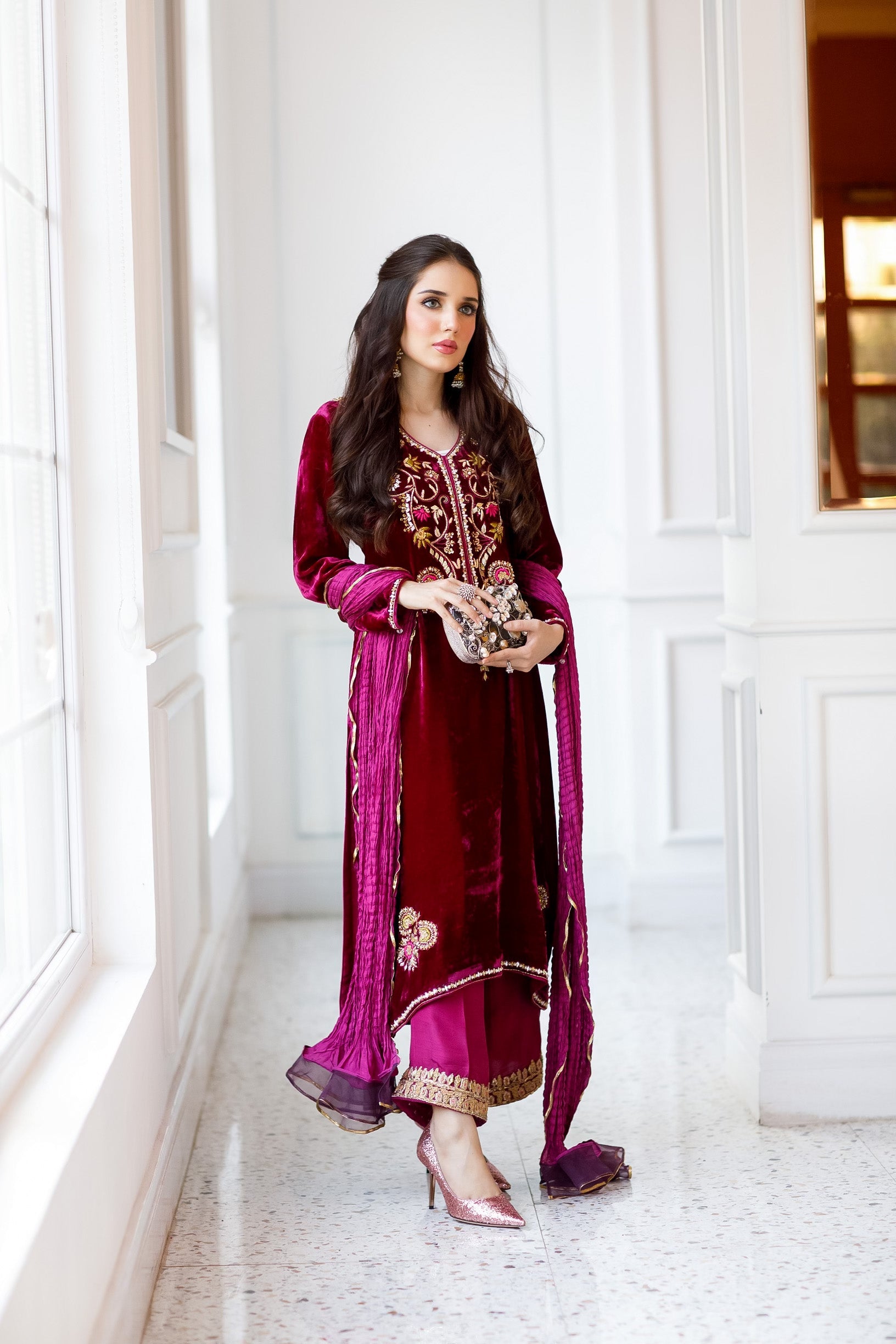 Magenta Velvet outfit (3 Piece Shirt , Pants& Dupatta)