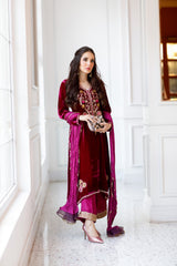Magenta Velvet outfit (3 Piece Shirt , Pants& Dupatta)
