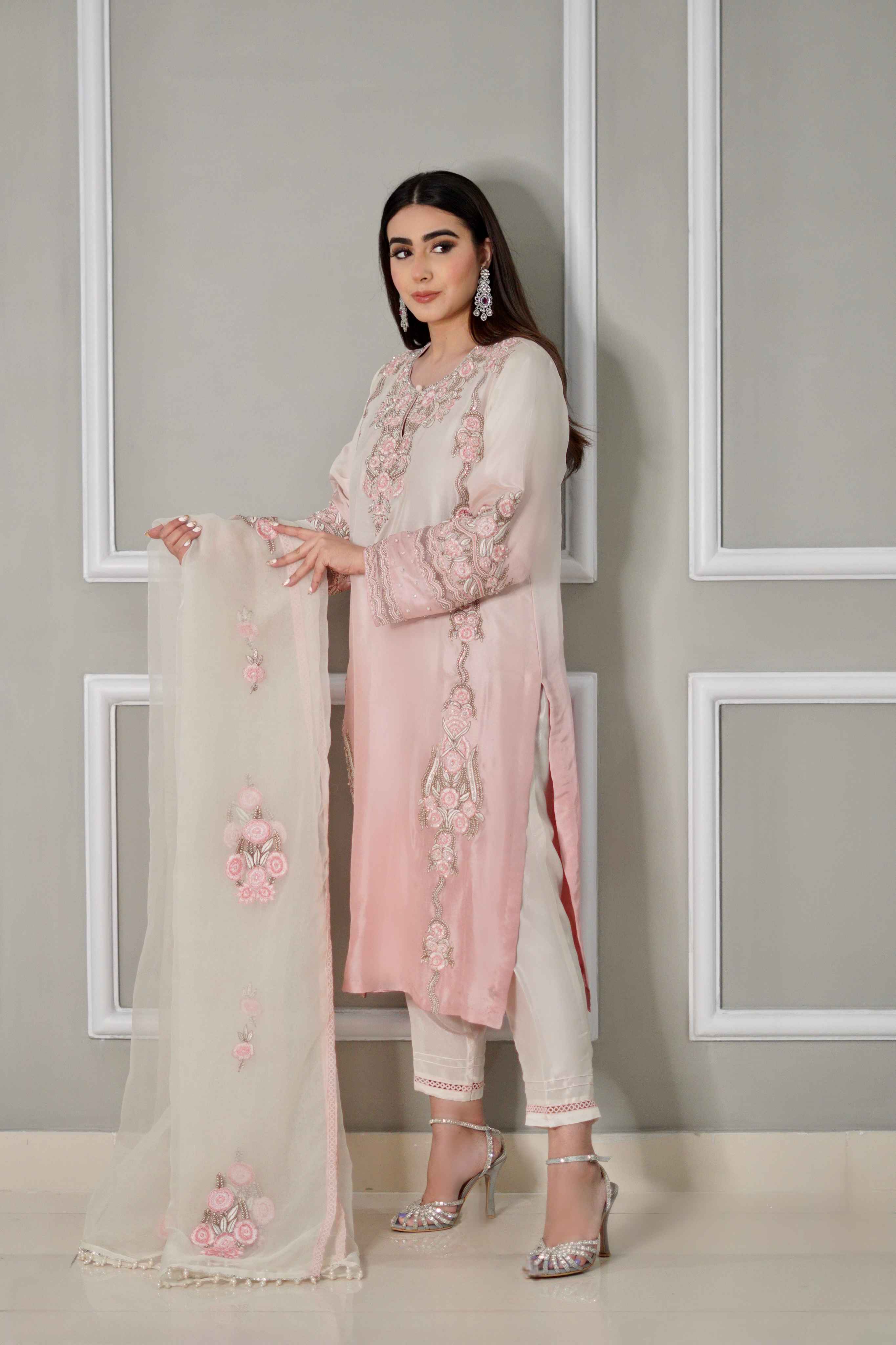 Tea Pink Raw Silk Outfit .