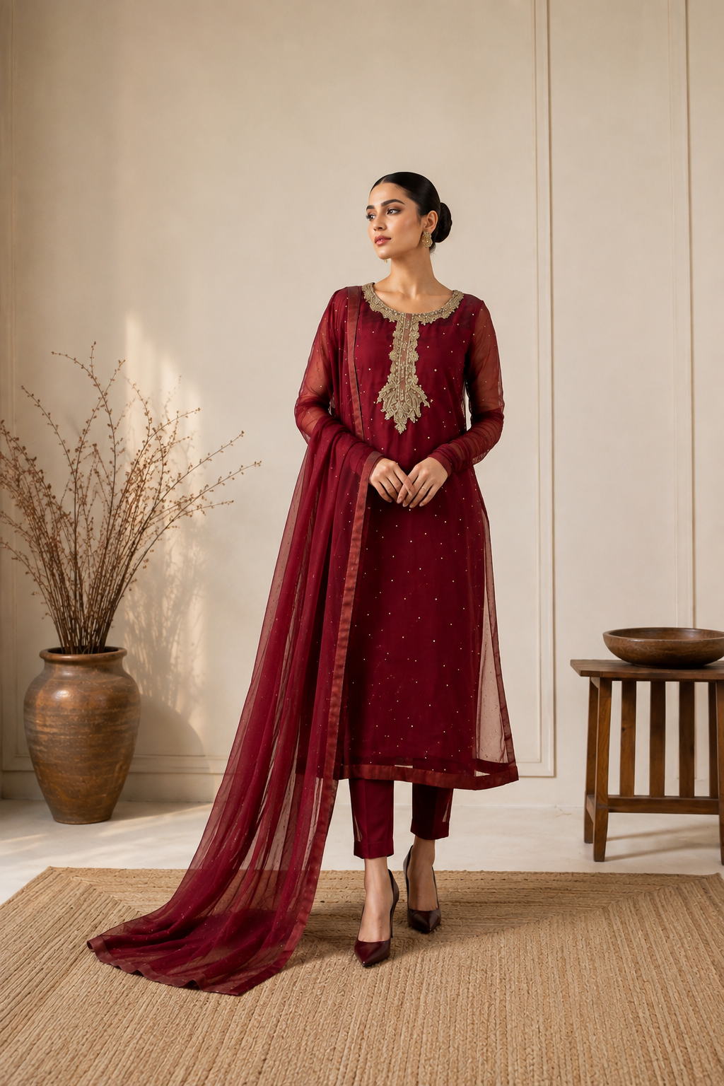 Red Mukesh Organza 3-Piece Suit with Organza Dupatta | Sleeks by Ali Zain