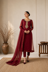 Red Mukesh Organza 3-Piece Suit with Organza Dupatta | Sleeks by Ali Zain