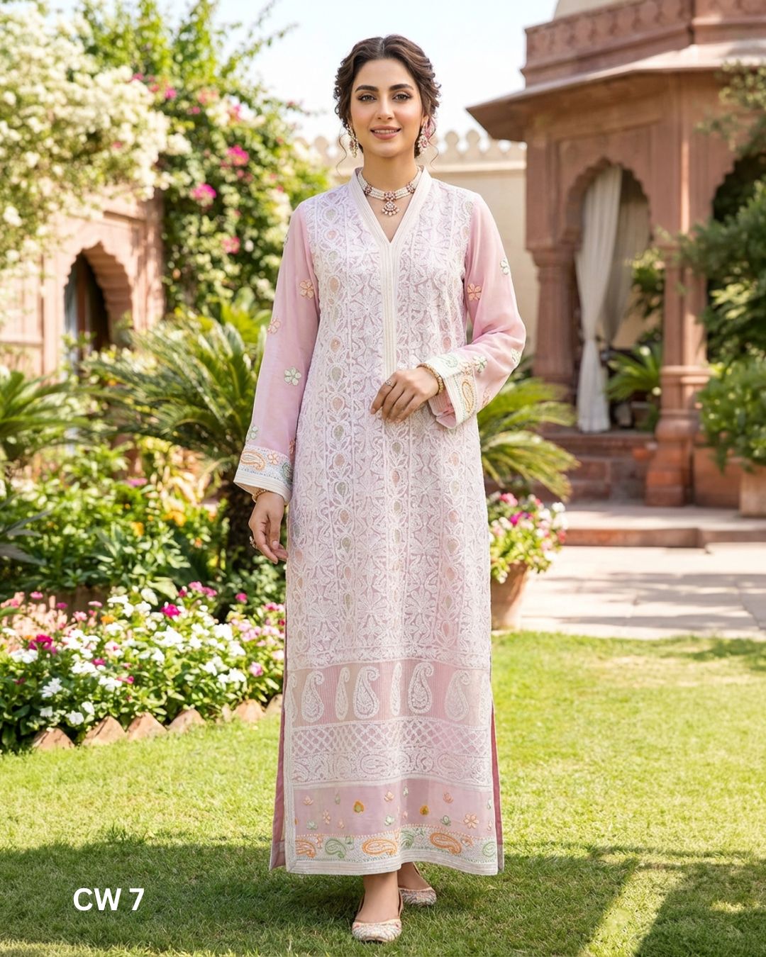 Teeja Dhariwal Pure Chiffon Hand Embroidered Suit with Chicken Kari & Bead Work – CW 7